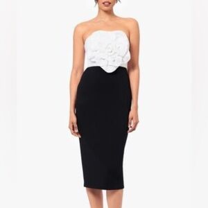 Betsy & Adam Strapless Black and White Floral Midi Dress